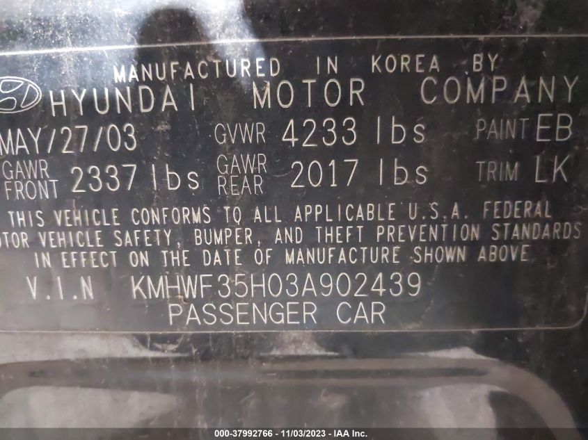 2003 Hyundai Sonata Gls/Lx VIN: KMHWF35H03A902439 Lot: 37992766