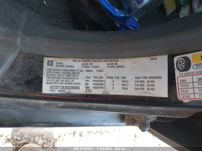 2006 GMC Canyon Sle2 VIN: 1GTDT136268286068 Lot: 37992831