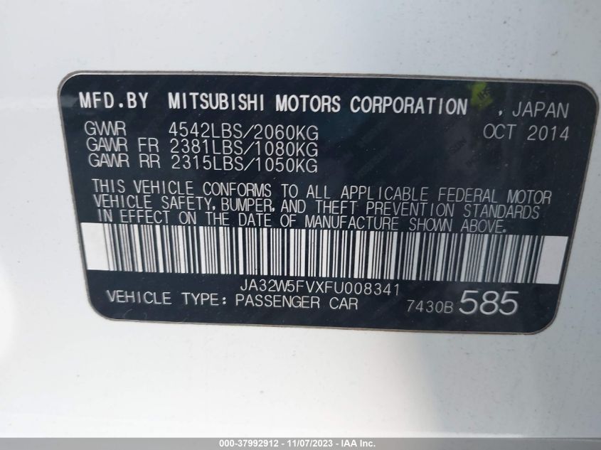 2015 Mitsubishi Lancer Evolution Mr VIN: JA32W5FVXFU008341 Lot: 37992912