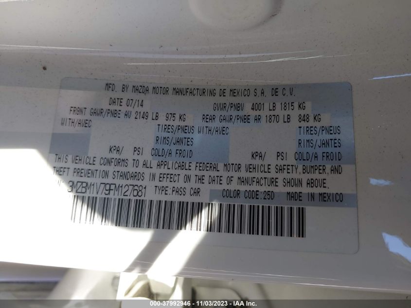 2015 Mazda Mazda3 I Touring VIN: 3MZBM1V79FM127681 Lot: 37992946