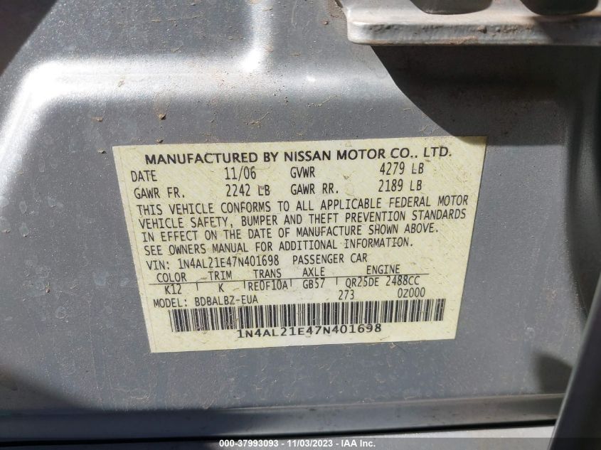 2007 Nissan Altima 2.5 S VIN: 1N4AL21E47N401698 Lot: 37993093