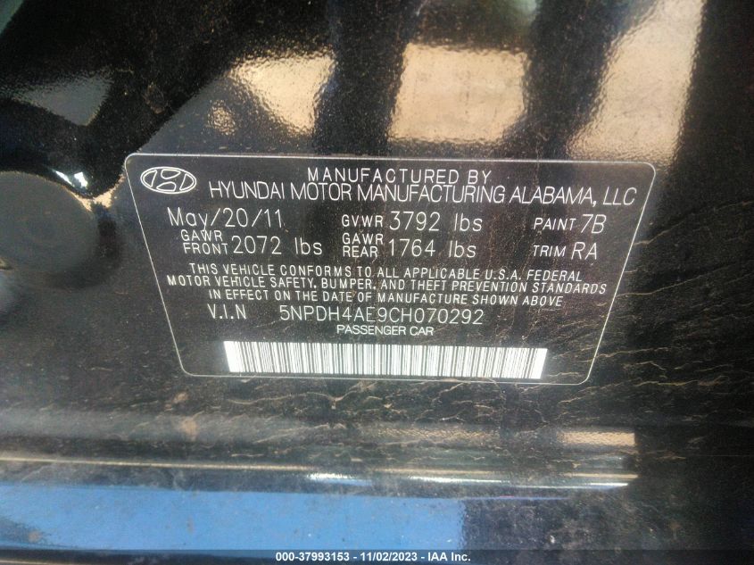 2012 Hyundai Elantra Gls VIN: 5NPDH4AE9CH070292 Lot: 37993153