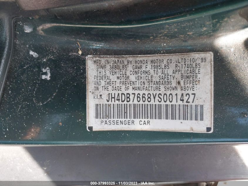 2000 Acura Integra Gs VIN: JH4DB7668YS001427 Lot: 37993325