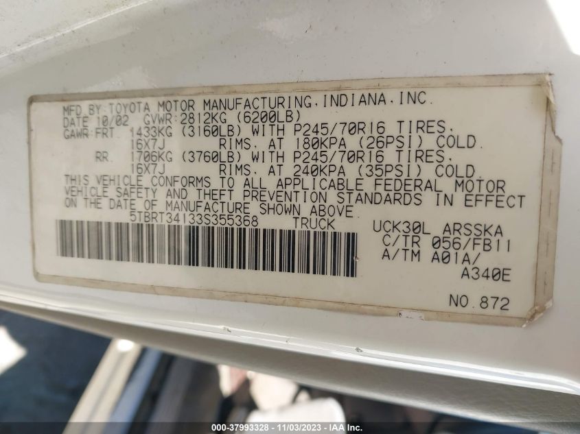 2003 Toyota Tundra Sr5 VIN: 5TBRT34133S355368 Lot: 37993328