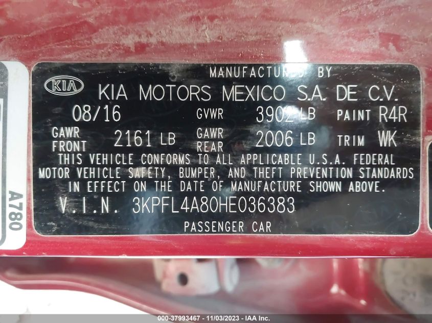 2017 Kia Forte Ex VIN: 3KPFL4A80HE036383 Lot: 37993467