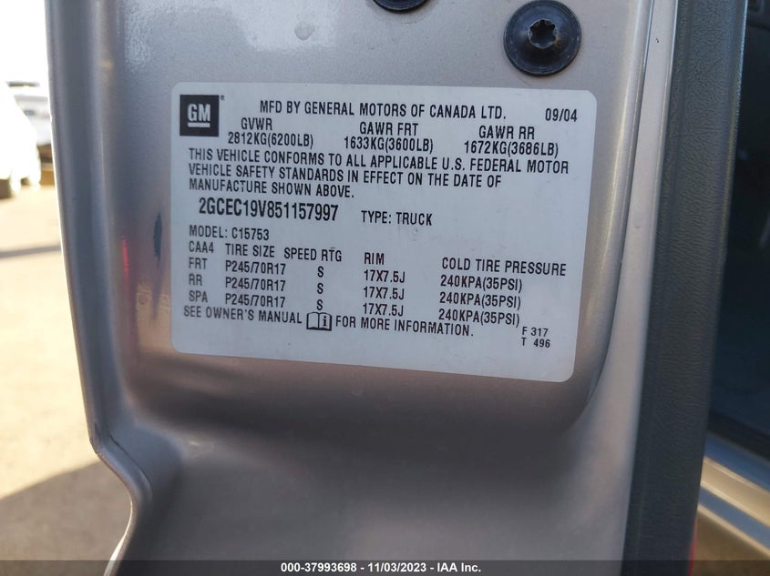 2005 Chevrolet Silverado 1500 Ls VIN: 2GCEC19V851157997 Lot: 37993698