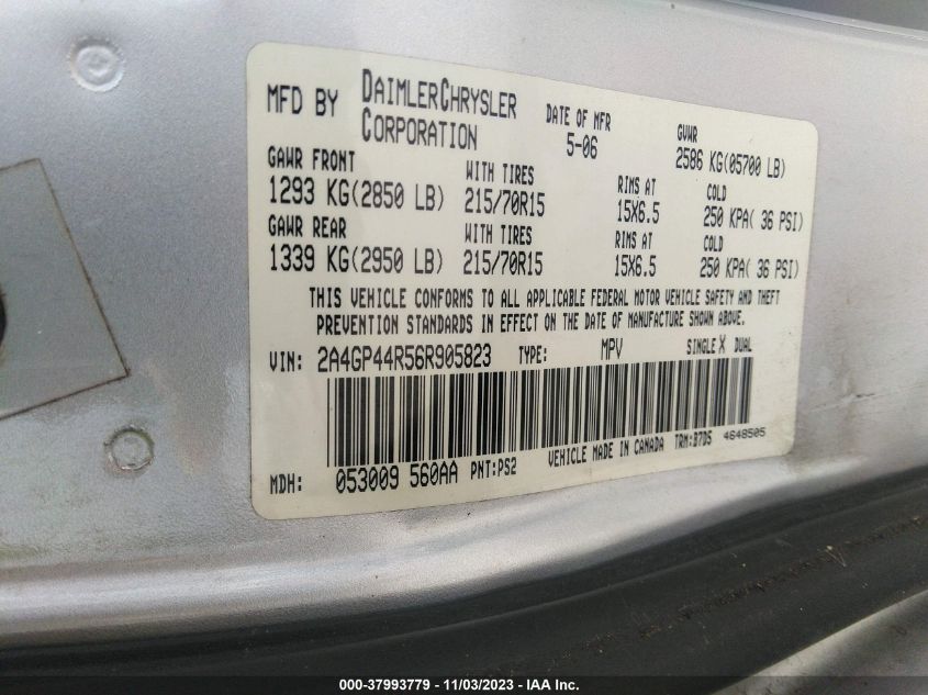 2006 Chrysler Town & Country Lx VIN: 2A4GP44R56R905823 Lot: 37993779