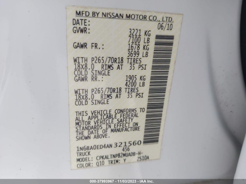 2010 Nissan Titan Se VIN: 1N6BA0ED4AN321560 Lot: 37993967