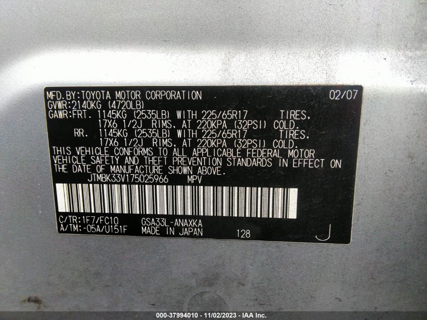 2007 Toyota Rav4 VIN: JTMBK33V175025966 Lot: 37994010