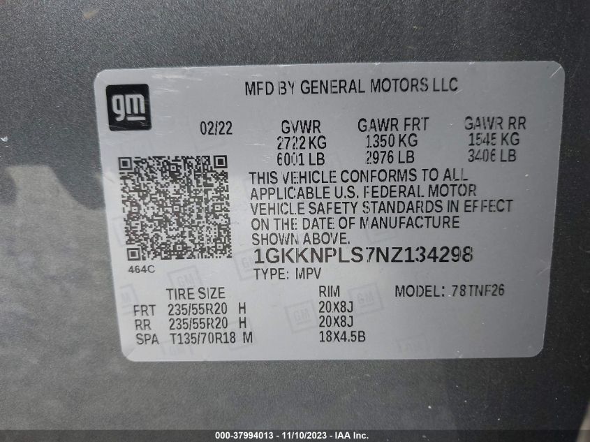 2022 GMC Acadia Fwd Denali VIN: 1GKKNPLS7NZ134298 Lot: 37994013