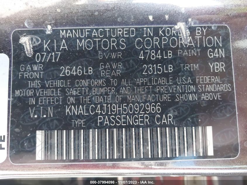 2017 Kia Cadenza Limited VIN: KNALC4J19H5092966 Lot: 37994098