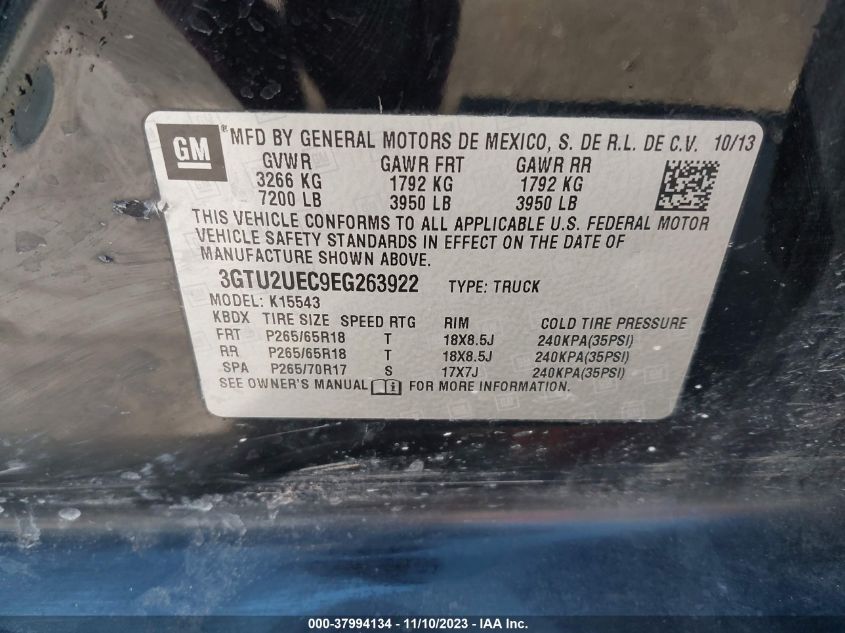 2014 GMC Sierra 1500 Sle VIN: 3GTU2UEC9EG263922 Lot: 37994134