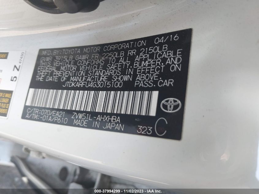 2016 Toyota Prius Three Touring VIN: JTDKARFU4G3015100 Lot: 37994299