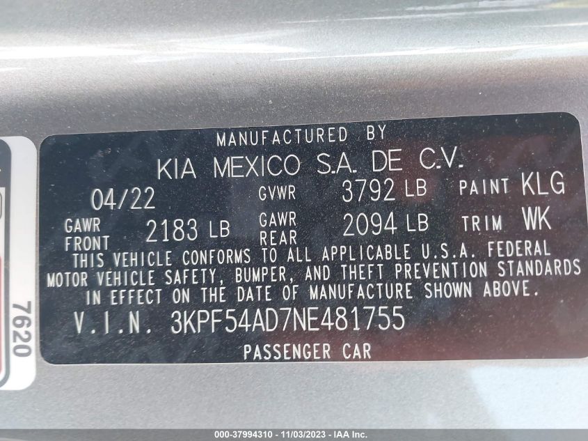 2022 Kia Forte Gt-Line VIN: 3KPF54AD7NE481755 Lot: 37994310