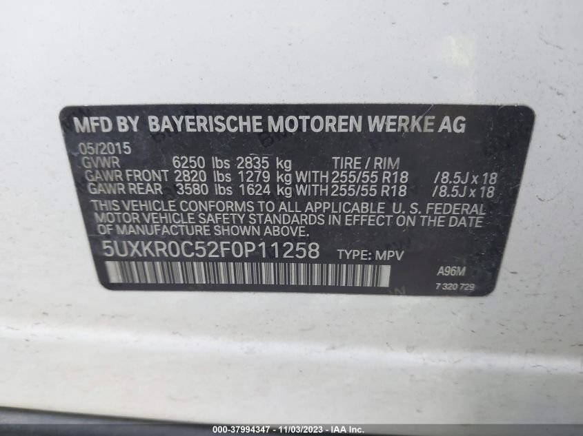 2015 BMW X5 xDrive35I VIN: 5UXKR0C52F0P11258 Lot: 37994347