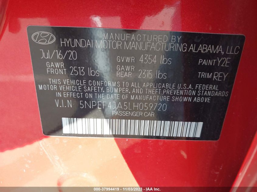 2020 Hyundai Sonata Sel VIN: 5NPEF4JA5LH059720 Lot: 37994419