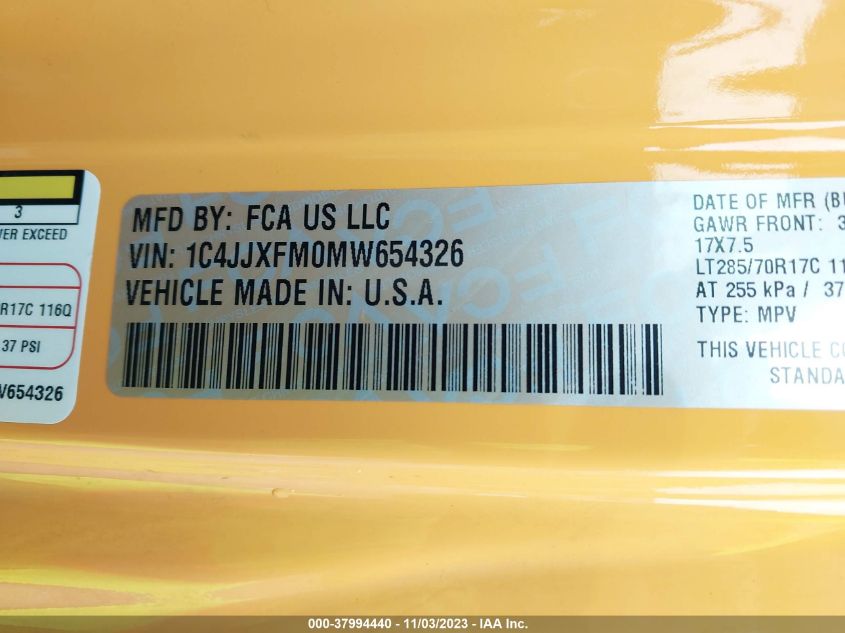 2021 Jeep Wrangler Unlimited Rubicon 4X4 VIN: 1C4JJXFM0MW654326 Lot: 37994440