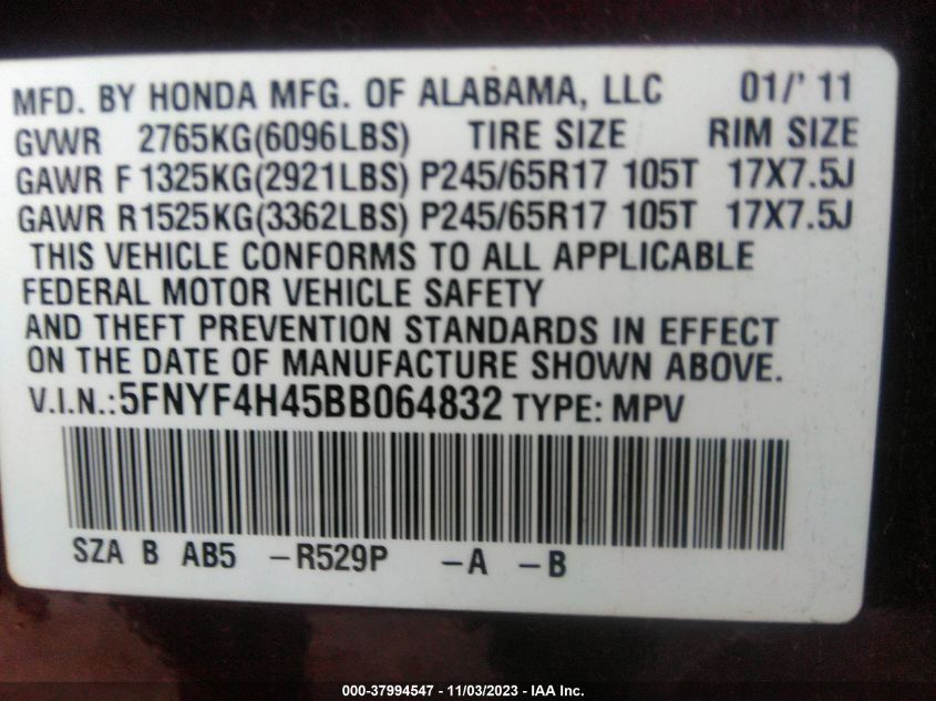 2011 Honda Pilot Ex VIN: 5FNYF4H45BB064832 Lot: 37994547