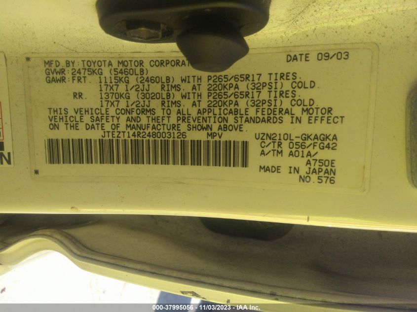 2004 Toyota 4Runner Sr5 V8 VIN: JTEZT14R248003126 Lot: 37995056