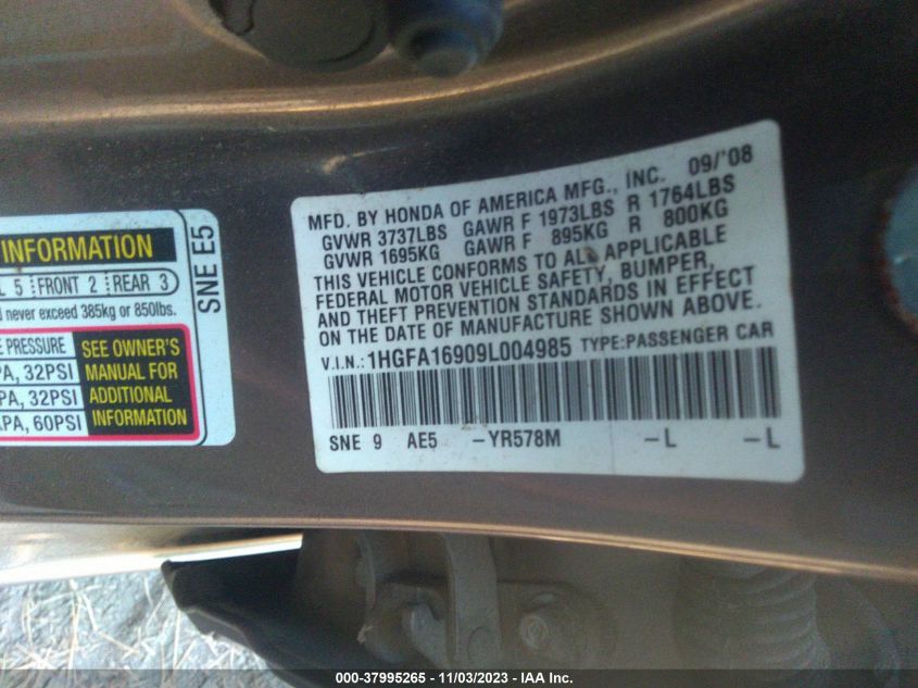 2009 Honda Civic Ex-L VIN: 1HGFA16909L004985 Lot: 37995265