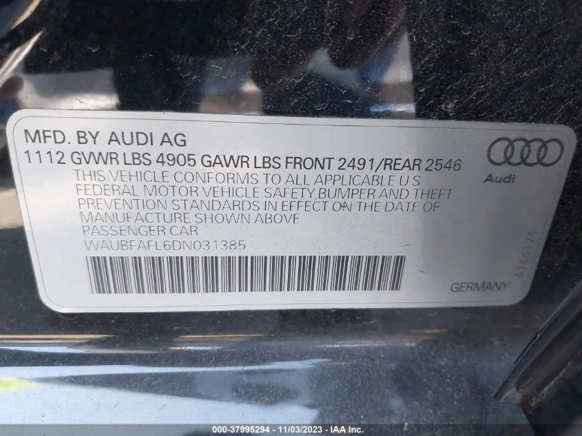2013 Audi A4 2.0T Premium VIN: WAUBFAFL6DN031385 Lot: 37995294