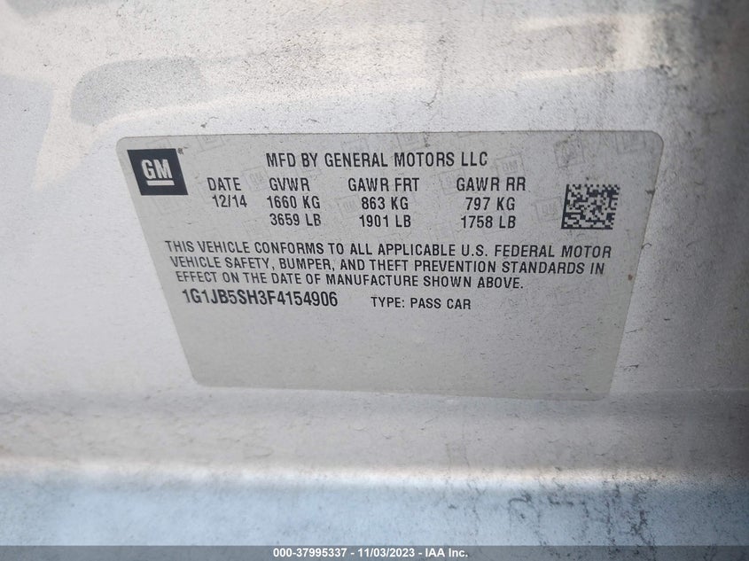 2015 Chevrolet Sonic Ls VIN: 1G1JB5SH3F4154906 Lot: 37995337