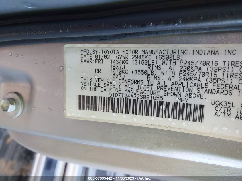 2002 Toyota Sequoia Sr5 VIN: 5TDZT34A32S091655 Lot: 37995442
