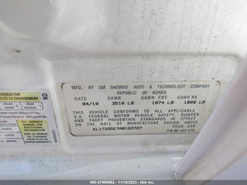 2010 Chevrolet Aveo Lt VIN: KL1TD5DE7AB122727 Lot: 37995562