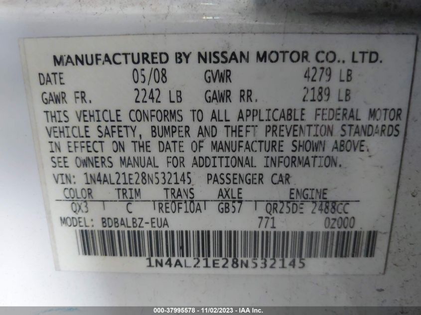 2008 Nissan Altima 2.5 S VIN: 1N4AL21E28N532145 Lot: 37995578