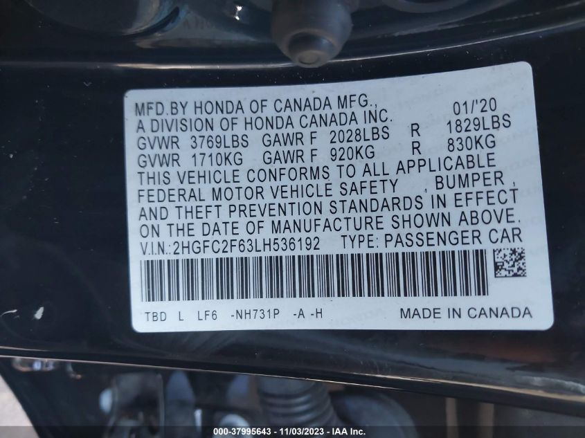 2HGFC2F63LH536192 2020 Honda Civic Lx