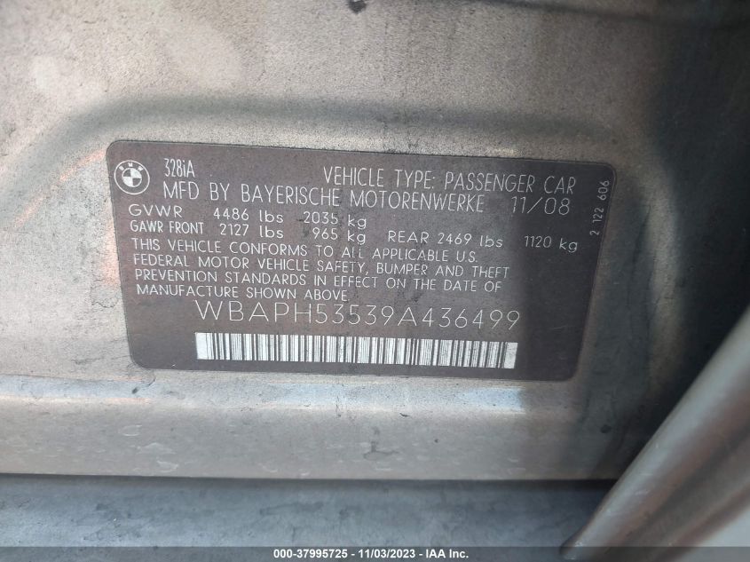 2009 BMW 328I VIN: WBAPH53539A436499 Lot: 37995725