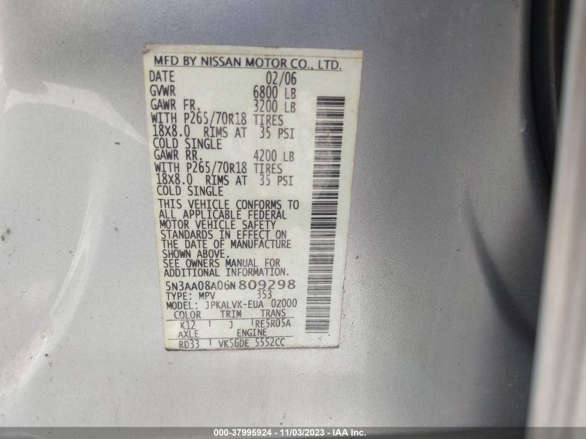 2006 Infiniti Qx56 VIN: 5N3AA08A06N809298 Lot: 37995924