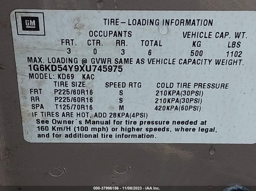 1999 Cadillac Deville Standard VIN: 1G6KD54Y9XU745975 Lot: 37996156