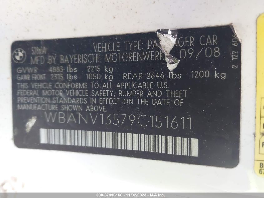2009 BMW 528I xDrive VIN: WBANV13579C151611 Lot: 37996160