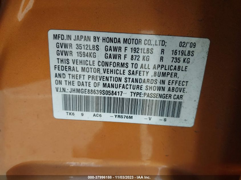 2009 Honda Fit Sport VIN: JHMGE88639S058417 Lot: 37996188