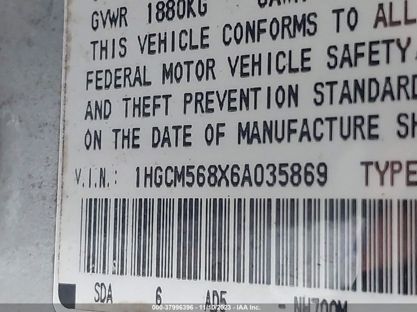 2006 Honda Accord 2.4 Ex VIN: 1HGCM568X6A035869 Lot: 37996396
