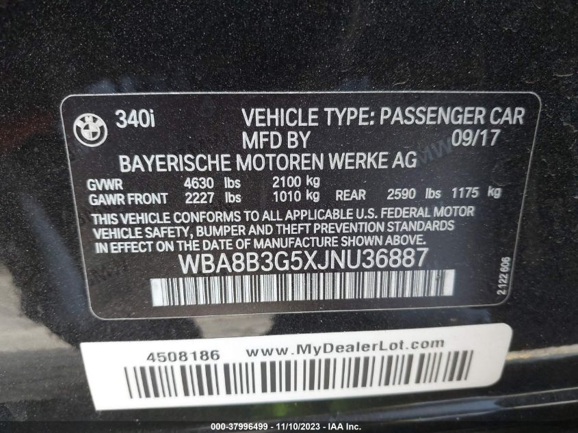 2018 BMW 340I VIN: WBA8B3G5XJNU36887 Lot: 37996499