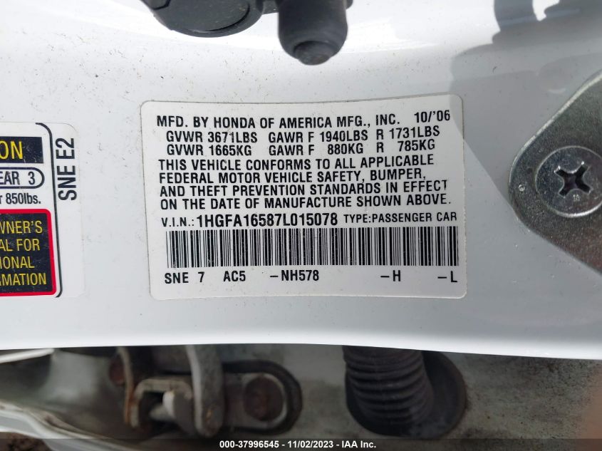 2007 Honda Civic Lx VIN: 1HGFA16587L015078 Lot: 37996545