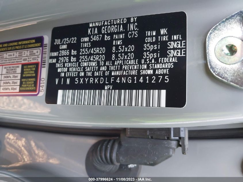 2022 Kia Sorento X-Line Sx Prestige VIN: 5XYRKDLF4NG141275 Lot: 37996624