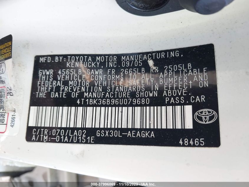 2006 Toyota Avalon Limited/Touring/Xl/Xls VIN: 4T1BK36B964079680 Lot: 37996869