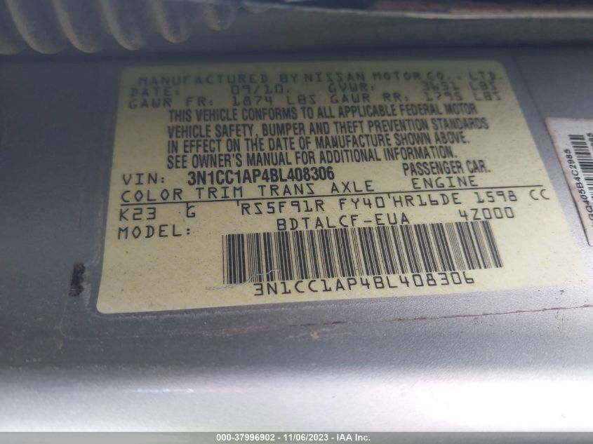 3N1CC1AP4BL408306 2011 Nissan Versa 1.6