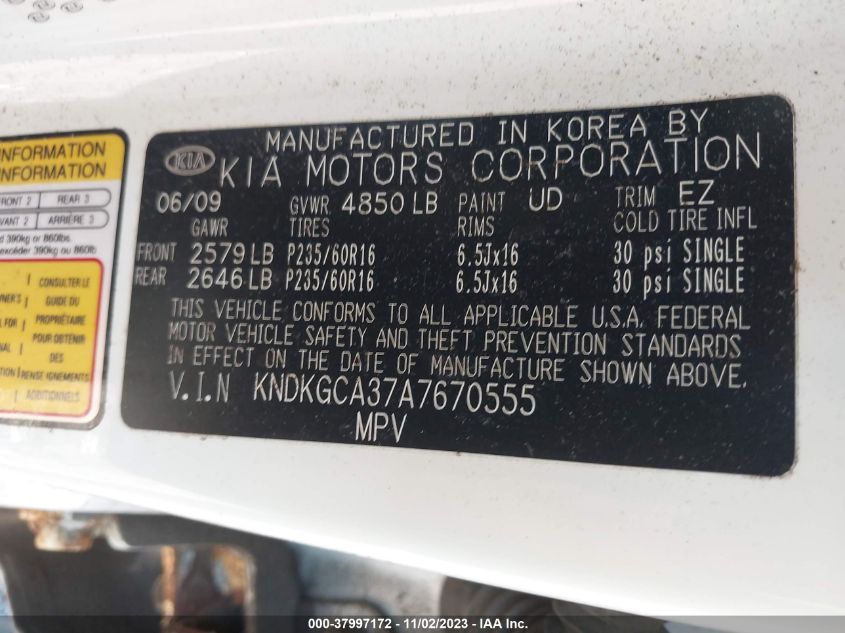 2010 Kia Sportage Lx V6 VIN: KNDKGCA37A7670555 Lot: 37997172