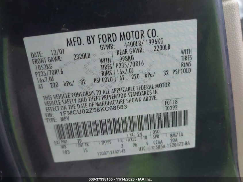 1FMCU02Z58KC68583 2008 Ford Escape Xls/Xls Manual