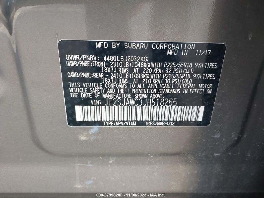 JF2SJAWC3JH518265 2018 Subaru Forester 2.5I Touring