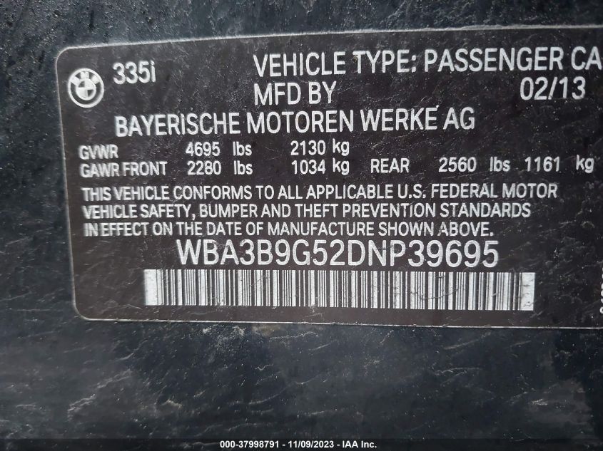 2013 BMW 335I xDrive VIN: WBA3B9G52DNP39695 Lot: 37998791