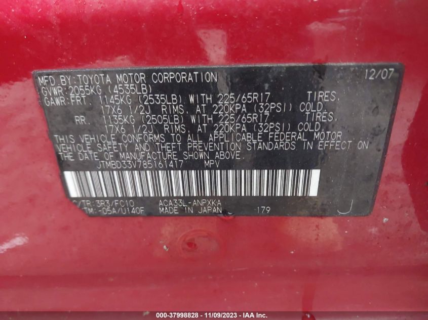 2008 Toyota Rav4 VIN: JTMBD33V785161417 Lot: 37998828