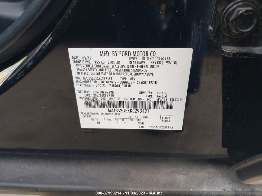 2019 Ford Ecosport Se VIN: MAJ3S2GEXKC293191 Lot: 37999214