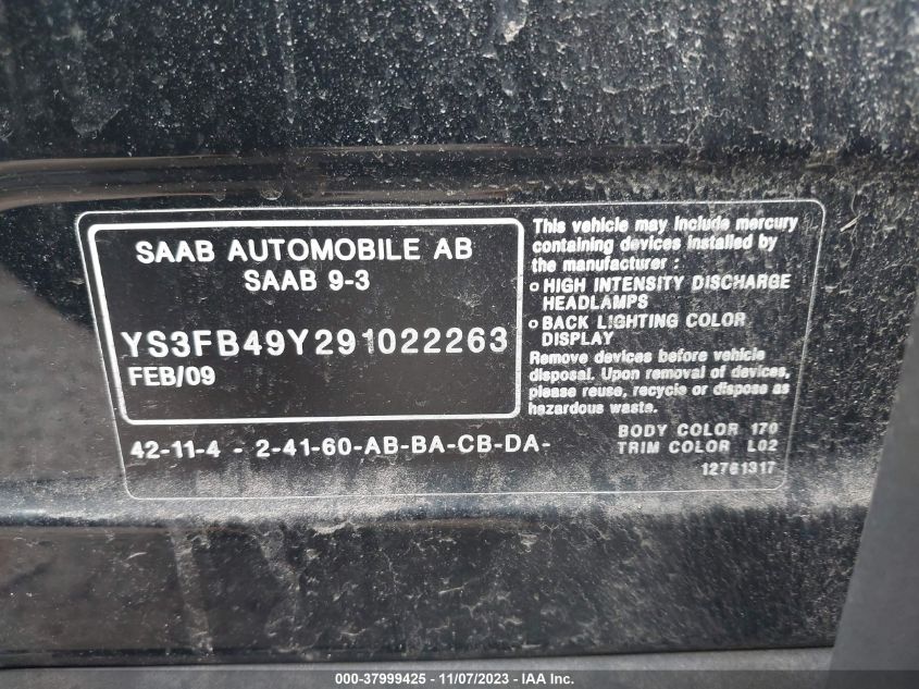 YS3FB49Y291022263 2009 Saab 9-3 2.0T