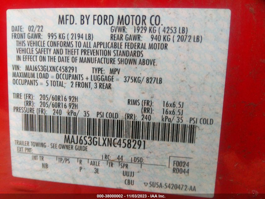 2022 Ford Ecosport Se VIN: MAJ6S3GLXNC458291 Lot: 38000002