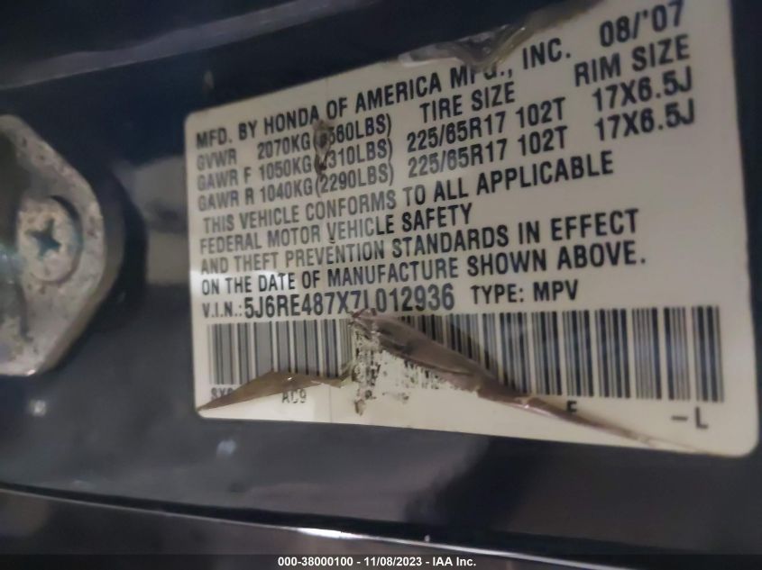 2007 Honda Cr-V Ex-L VIN: 5J6RE487X7L012936 Lot: 38000100